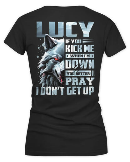 LUCY AP62-K4-666 - Personalized Fierce Wolf Quote Apparel “If You Kick Me When I’m Down, You Better Pray I Don’t Get Up” - Women's V-Neck T-Shirt - Black