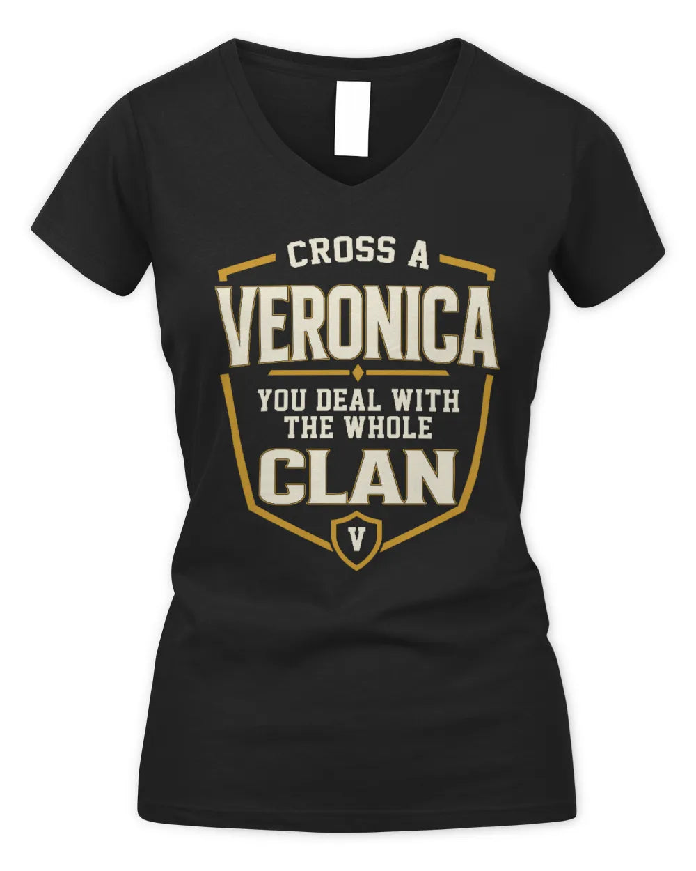 VERONICA NT1-K008 Cross A/An NAME, You Deal With the Whole Clan | Personalized Vintage T-Shirt - Women's V-Neck T-Shirt - Black