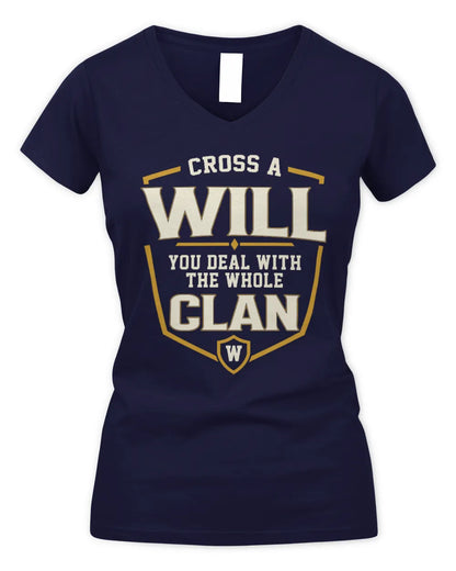 WILL NT1-K008 Cross A/An NAME, You Deal With the Whole Clan | Personalized Vintage T-Shirt - Women's V-Neck T-Shirt - Navy