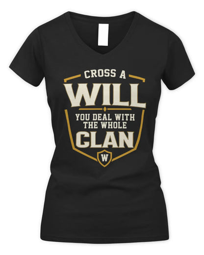 WILL NT1-K008 Cross A/An NAME, You Deal With the Whole Clan | Personalized Vintage T-Shirt - Women's V-Neck T-Shirt - Black