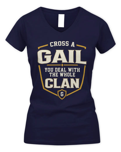 GAIL NT1-K008 Cross A/An NAME, You Deal With the Whole Clan | Personalized Vintage T-Shirt - Women's V-Neck T-Shirt - Navy