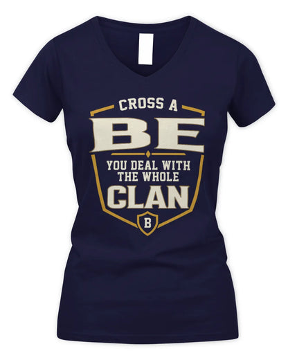 BE NT1-K008 Cross A/An NAME, You Deal With the Whole Clan | Personalized Vintage T-Shirt - Women's V-Neck T-Shirt - Navy