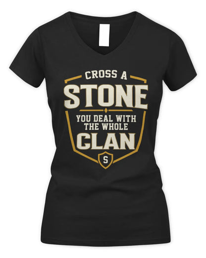 STONE NT1-K008 Cross A/An NAME, You Deal With the Whole Clan | Personalized Vintage T-Shirt - Women's V-Neck T-Shirt - Black