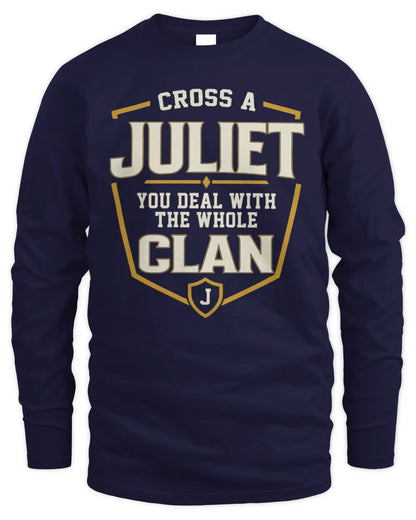 JULIET NT1-K008 Cross A/An NAME, You Deal With the Whole Clan | Personalized Vintage T-Shirt - Men's Long Sleeved T-Shirt - Navy