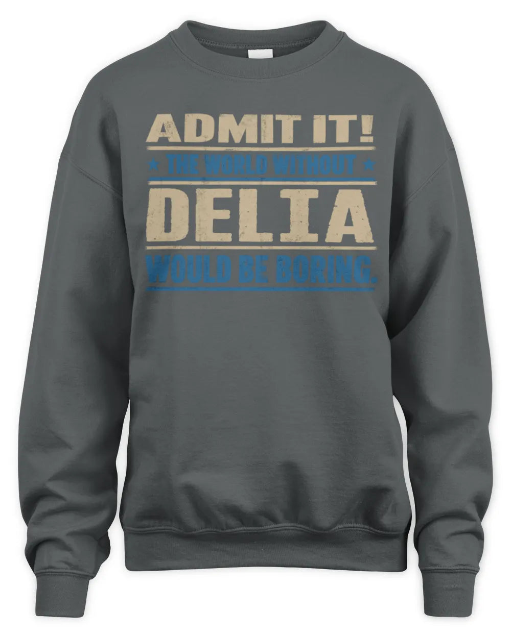 DELIA TP68-K2-968 – Personalized Funny Quote Apparel “The World Without NAME Would Be Boring” - Unisex Sweatshirt - Charcoal