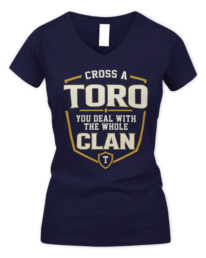 TORO NT1-K008 Cross A/An NAME, You Deal With the Whole Clan | Personalized Vintage T-Shirt - Women's V-Neck T-Shirt - Navy