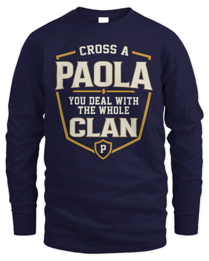 PAOLA NT1-K008 Cross A/An NAME, You Deal With the Whole Clan | Personalized Vintage T-Shirt - Men's Long Sleeved T-Shirt - Navy