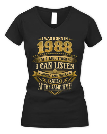 1988 HH89-K2 – Funny Birth Year Multitasker Quote T-Shirt - Women's V-Neck T-Shirt - Black