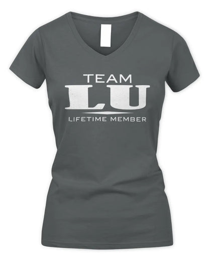 LU BL62-K4-128 - Personalized “Team NAME Lifetime Member” - Women's V-Neck T-Shirt - Charcoal