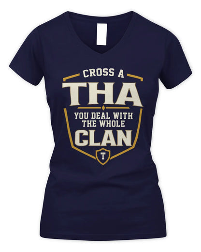 THA NT1-K008 Cross A/An NAME, You Deal With the Whole Clan | Personalized Vintage T-Shirt - Women's V-Neck T-Shirt - Navy