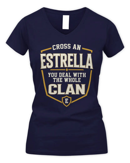 ESTRELLA NT1-K008 Cross A/An NAME, You Deal With the Whole Clan | Personalized Vintage T-Shirt - Women's V-Neck T-Shirt - Navy