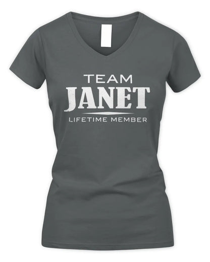 JANET BL62-K4-128 - Personalized “Team NAME Lifetime Member” - Women's V-Neck T-Shirt - Charcoal