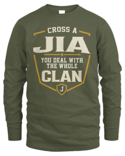 JIA NT1-K008 Cross A/An NAME, You Deal With the Whole Clan | Personalized Vintage T-Shirt - Men's Long Sleeved T-Shirt - Military Green