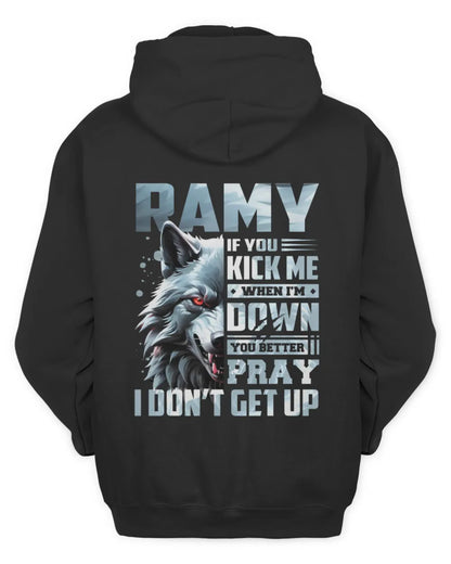 RAMY AP62-K4-666 - Personalized Fierce Wolf Quote Apparel “If You Kick Me When I’m Down, You Better Pray I Don’t Get Up” - Unisex Hoodie - Black