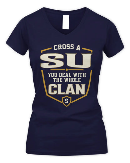 SU NT1-K008 Cross A/An NAME, You Deal With the Whole Clan | Personalized Vintage T-Shirt - Women's V-Neck T-Shirt - Navy
