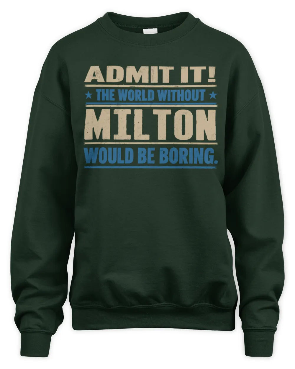 MILTON TP68-K2-968 – Personalized Funny Quote Apparel “The World Without NAME Would Be Boring” - Unisex Sweatshirt - Forest Green