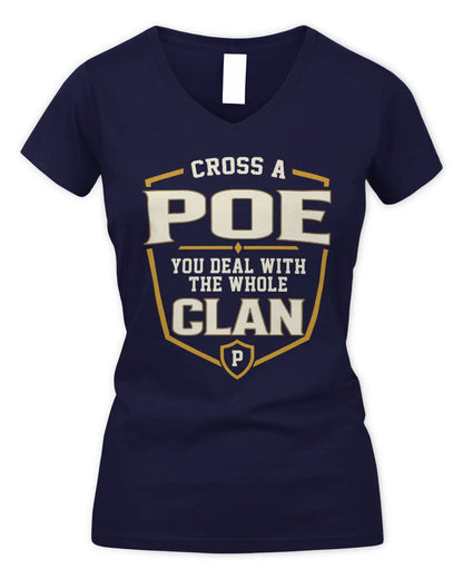 POE NT1-K008 Cross A/An NAME, You Deal With the Whole Clan | Personalized Vintage T-Shirt - Women's V-Neck T-Shirt - Navy
