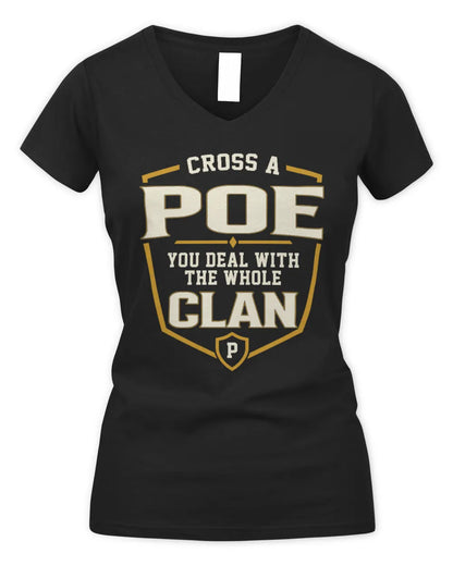 POE NT1-K008 Cross A/An NAME, You Deal With the Whole Clan | Personalized Vintage T-Shirt - Women's V-Neck T-Shirt - Black