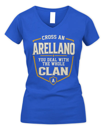 ARELLANO NT1-K008 Cross A/An NAME, You Deal With the Whole Clan | Personalized Vintage T-Shirt - Women's V-Neck T-Shirt - Royal