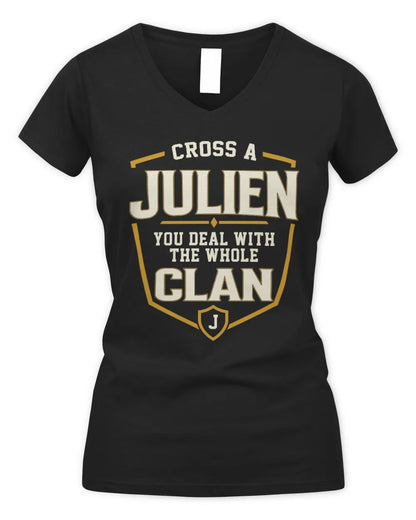 JULIEN NT1-K008 Cross A/An NAME, You Deal With the Whole Clan | Personalized Vintage T-Shirt - Women's V-Neck T-Shirt - Black