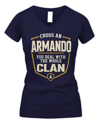 ARMANDO NT1-K008 Cross A/An NAME, You Deal With the Whole Clan | Personalized Vintage T-Shirt - Women's V-Neck T-Shirt - Navy
