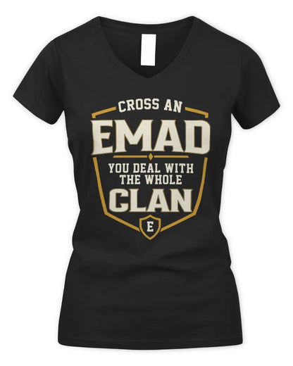 EMAD NT1-K008 Cross A/An NAME, You Deal With the Whole Clan | Personalized Vintage T-Shirt - Women's V-Neck T-Shirt - Black