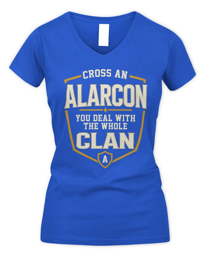 ALARCON NT1-K008 Cross A/An NAME, You Deal With the Whole Clan | Personalized Vintage T-Shirt - Women's V-Neck T-Shirt - Royal