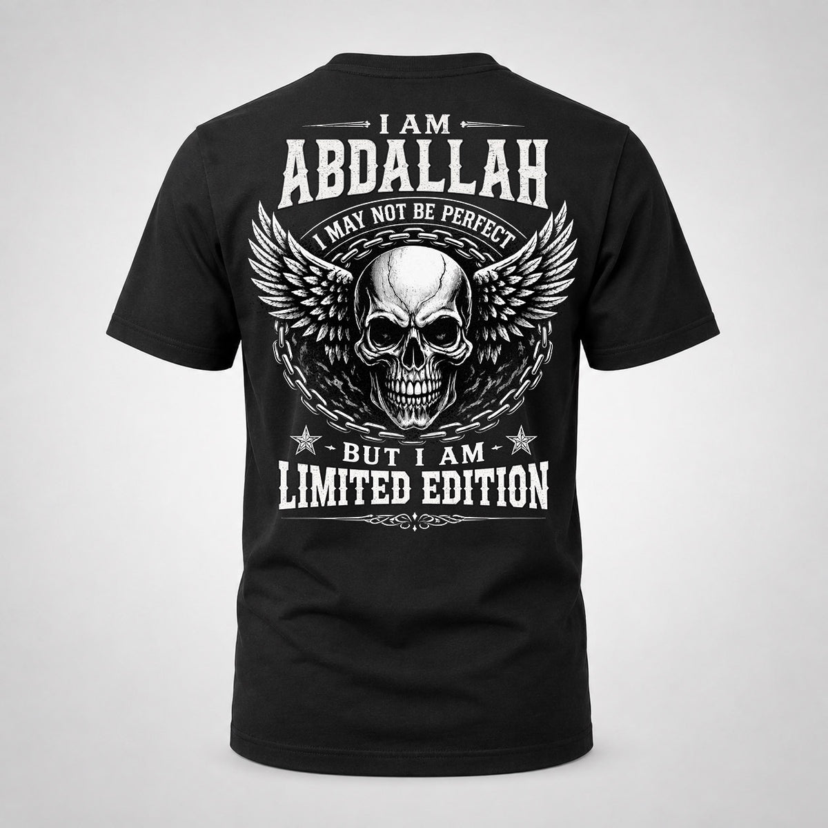 ABDALLAH P01-K24-229 – Personalized Skull Graphic Apparel “I Am NAME I May Not Be Perfect But I Am Limited Edition”