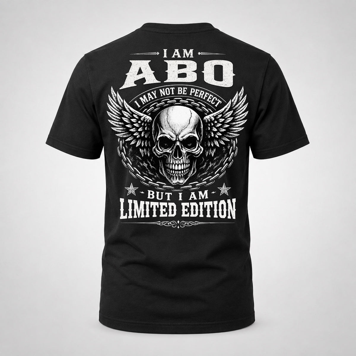 ABO P01-K24-229 – Personalized Skull Graphic Apparel “I Am NAME I May Not Be Perfect But I Am Limited Edition”