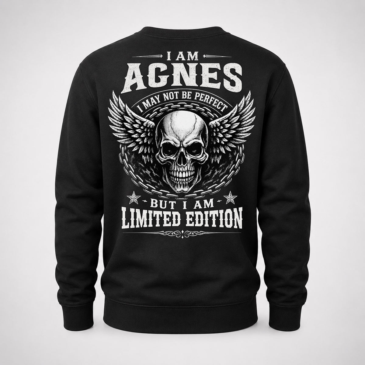 AGNES P01-K24-229 – Personalized Skull Graphic Apparel “I Am NAME I May Not Be Perfect But I Am Limited Edition”