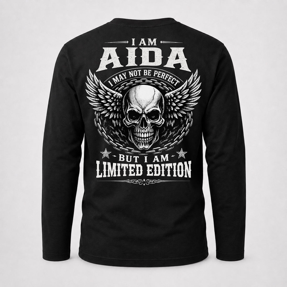 AIDA P01-K24-229 – Personalized Skull Graphic Apparel “I Am NAME I May Not Be Perfect But I Am Limited Edition”
