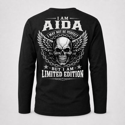 AIDA P01-K24-229 – Personalized Skull Graphic Apparel “I Am NAME I May Not Be Perfect But I Am Limited Edition”