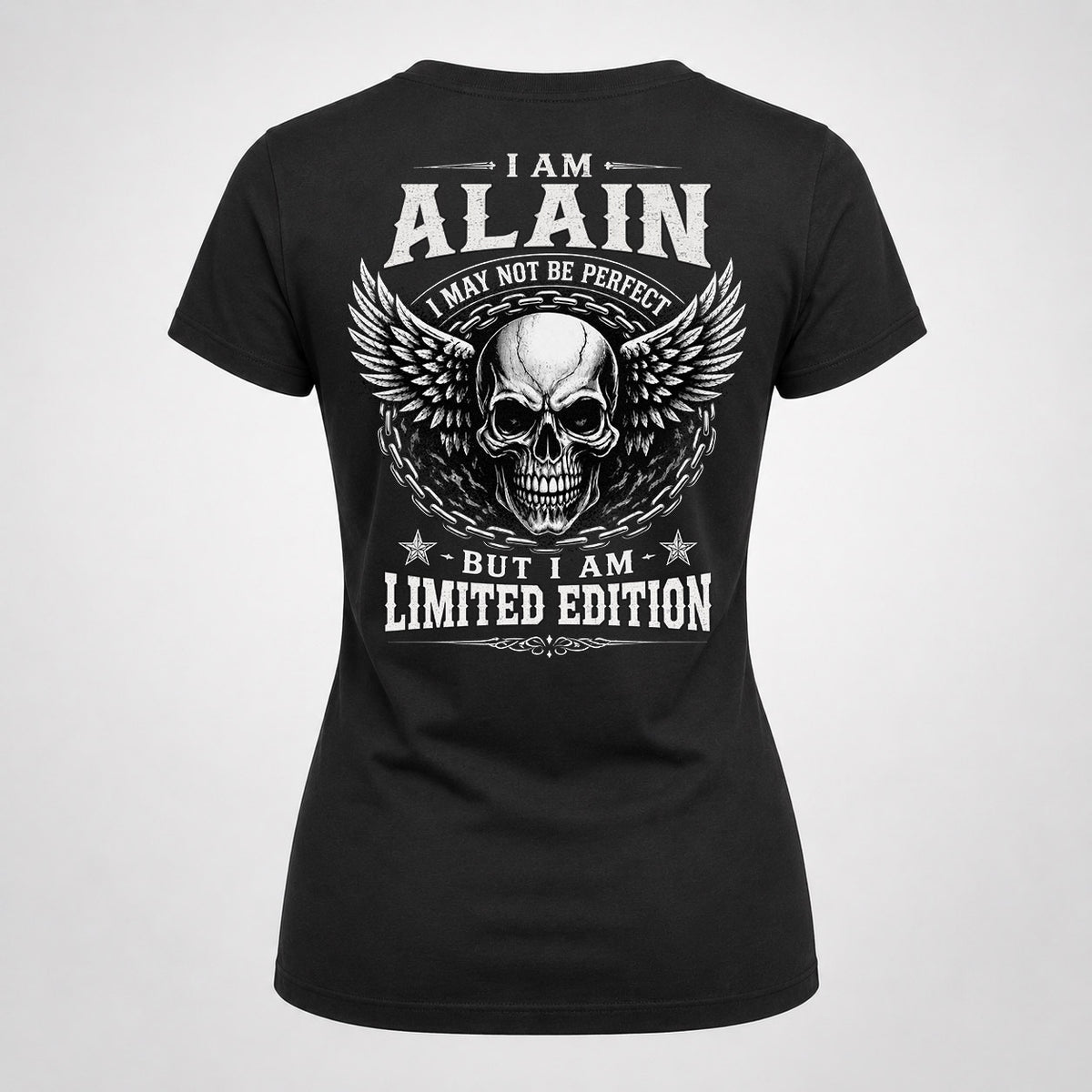 ALAIN P01-K24-229 – Personalized Skull Graphic Apparel “I Am NAME I May Not Be Perfect But I Am Limited Edition”