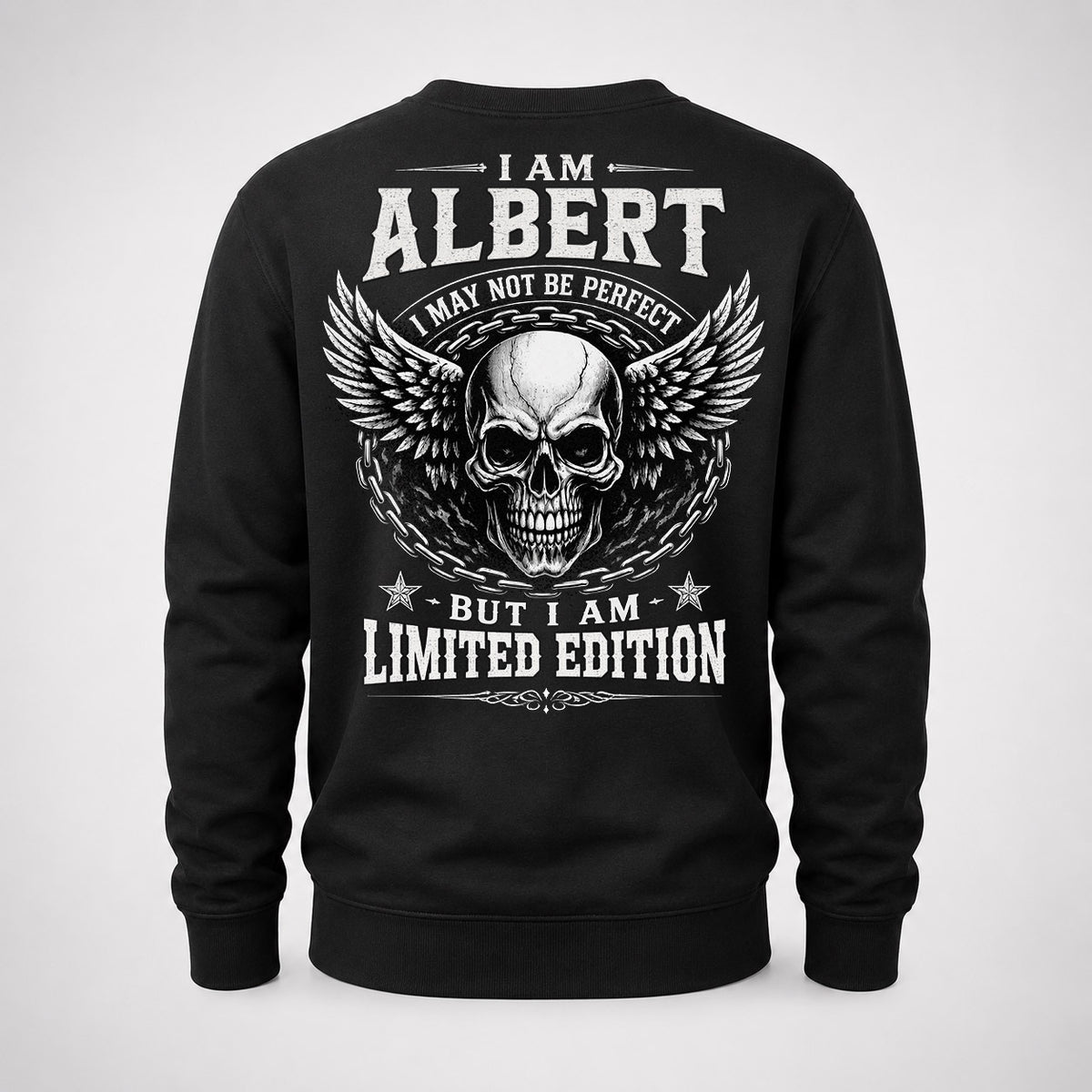 ALBERT P01-K24-229 – Personalized Skull Graphic Apparel “I Am NAME I May Not Be Perfect But I Am Limited Edition”
