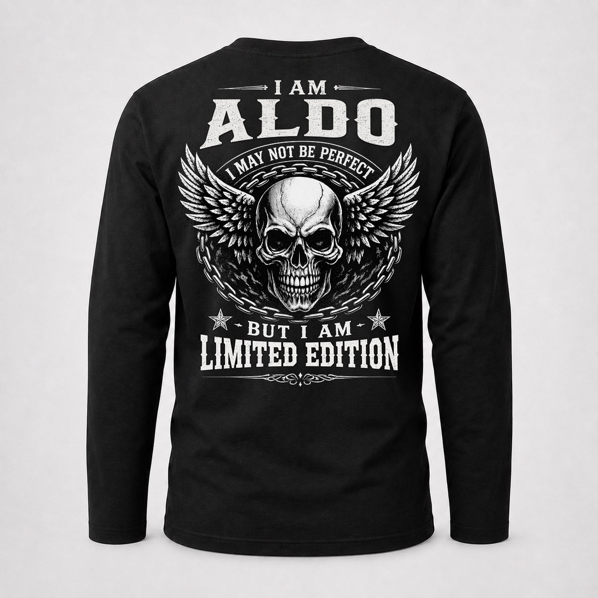 ALDO P01-K24-229 – Personalized Skull Graphic Apparel “I Am NAME I May Not Be Perfect But I Am Limited Edition”