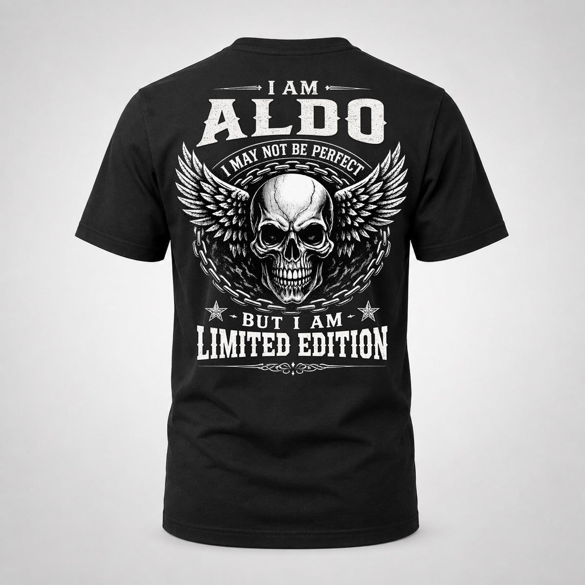 ALDO P01-K24-229 – Personalized Skull Graphic Apparel “I Am NAME I May Not Be Perfect But I Am Limited Edition”