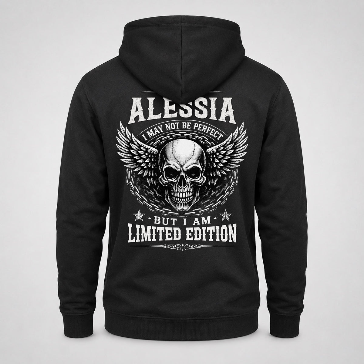 ALESSIA P01-K24-229 – Personalized Skull Graphic Apparel “I Am NAME I May Not Be Perfect But I Am Limited Edition”
