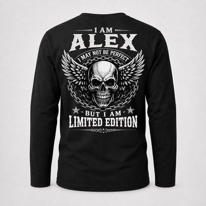 ALEX P01-K24-229 – Personalized Skull Graphic Apparel “I Am NAME I May Not Be Perfect But I Am Limited Edition”