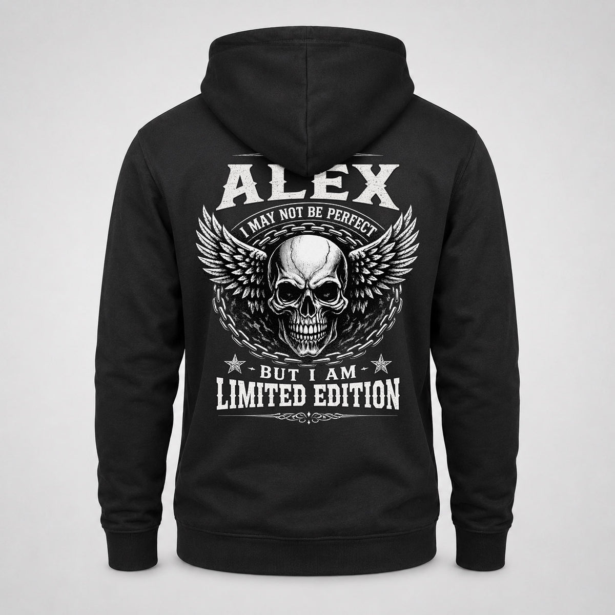 ALEX P01-K24-229 – Personalized Skull Graphic Apparel “I Am NAME I May Not Be Perfect But I Am Limited Edition”