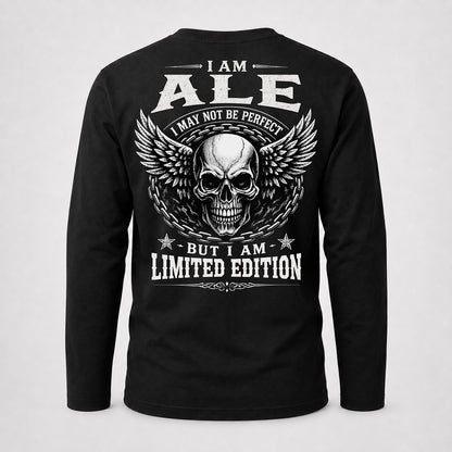 ALE P01-K24-229 – Personalized Skull Graphic Apparel “I Am NAME I May Not Be Perfect But I Am Limited Edition”