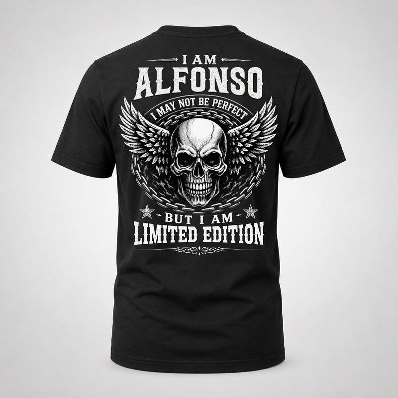 ALFONSO P01-K24-229 – Personalized Skull Graphic Apparel “I Am NAME I May Not Be Perfect But I Am Limited Edition”