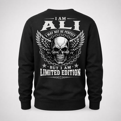 ALI P01-K24-229 – Personalized Skull Graphic Apparel “I Am NAME I May Not Be Perfect But I Am Limited Edition”