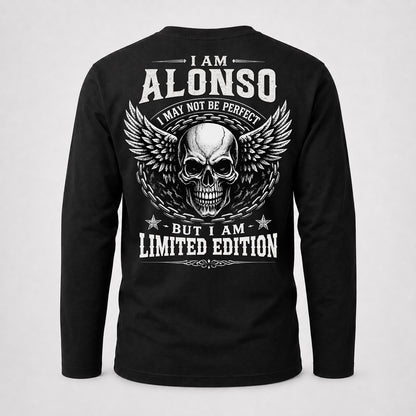 ALONSO P01-K24-229 – Personalized Skull Graphic Apparel “I Am NAME I May Not Be Perfect But I Am Limited Edition”