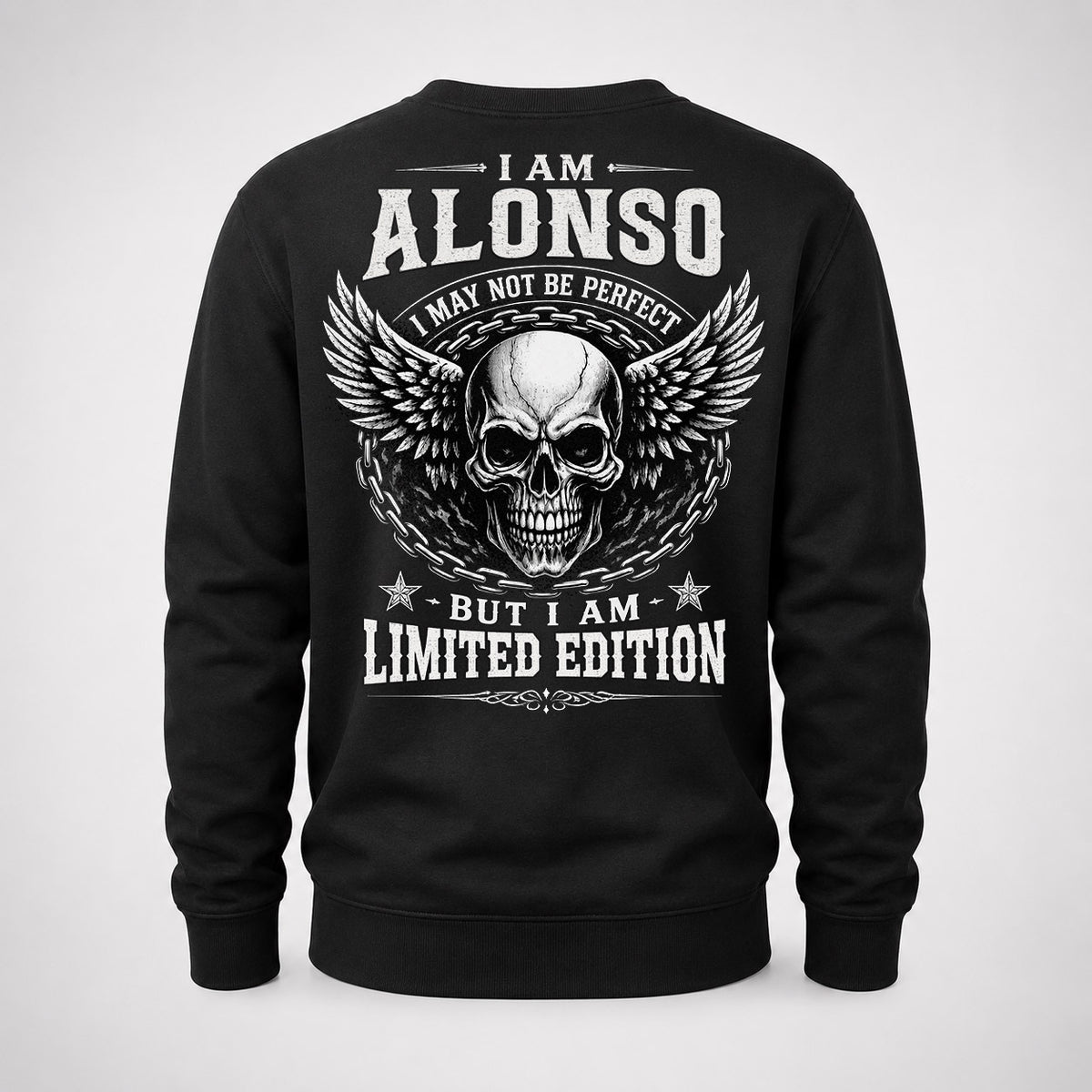 ALONSO P01-K24-229 – Personalized Skull Graphic Apparel “I Am NAME I May Not Be Perfect But I Am Limited Edition”