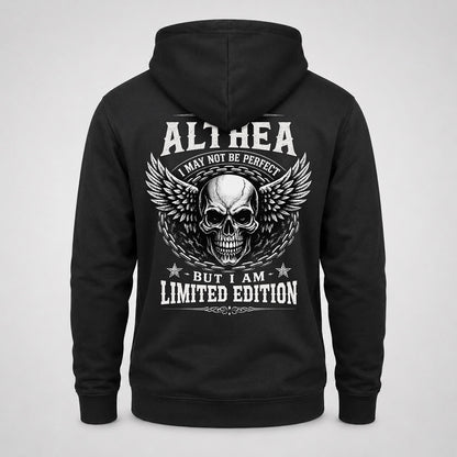 ALTHEA P01-K24-229 – Personalized Skull Graphic Apparel “I Am NAME I May Not Be Perfect But I Am Limited Edition”