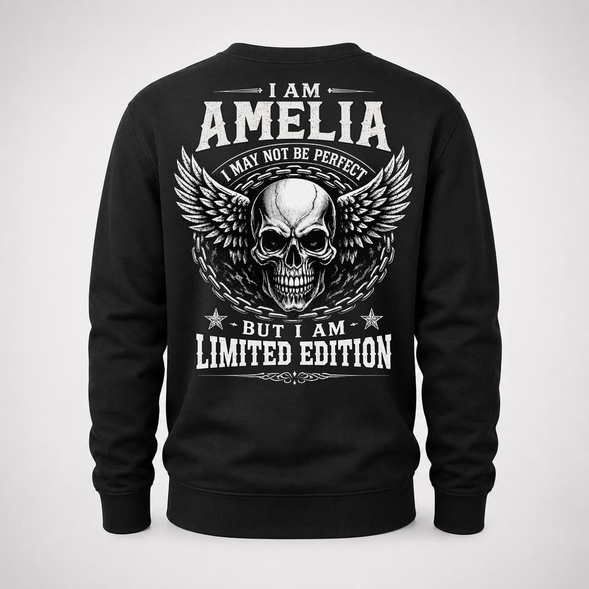 AMELIA P01-K24-229 – Personalized Skull Graphic Apparel “I Am NAME I May Not Be Perfect But I Am Limited Edition”
