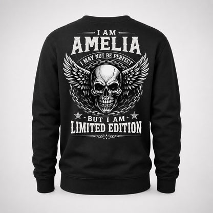 AMELIA P01-K24-229 – Personalized Skull Graphic Apparel “I Am NAME I May Not Be Perfect But I Am Limited Edition”