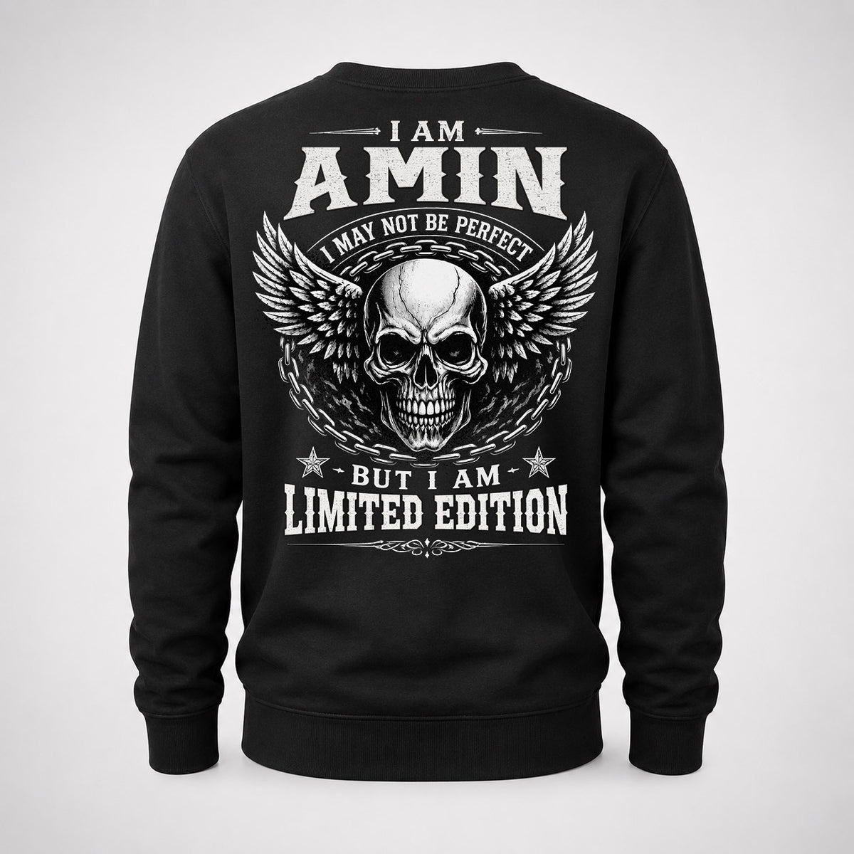 AMIN P01-K24-229 – Personalized Skull Graphic Apparel “I Am NAME I May Not Be Perfect But I Am Limited Edition”