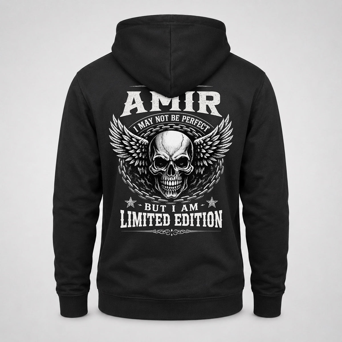 AMIR P01-K24-229 – Personalized Skull Graphic Apparel “I Am NAME I May Not Be Perfect But I Am Limited Edition”