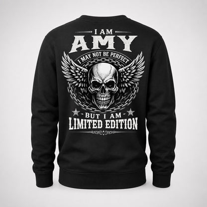 AMY P01-K24-229 – Personalized Skull Graphic Apparel “I Am NAME I May Not Be Perfect But I Am Limited Edition”